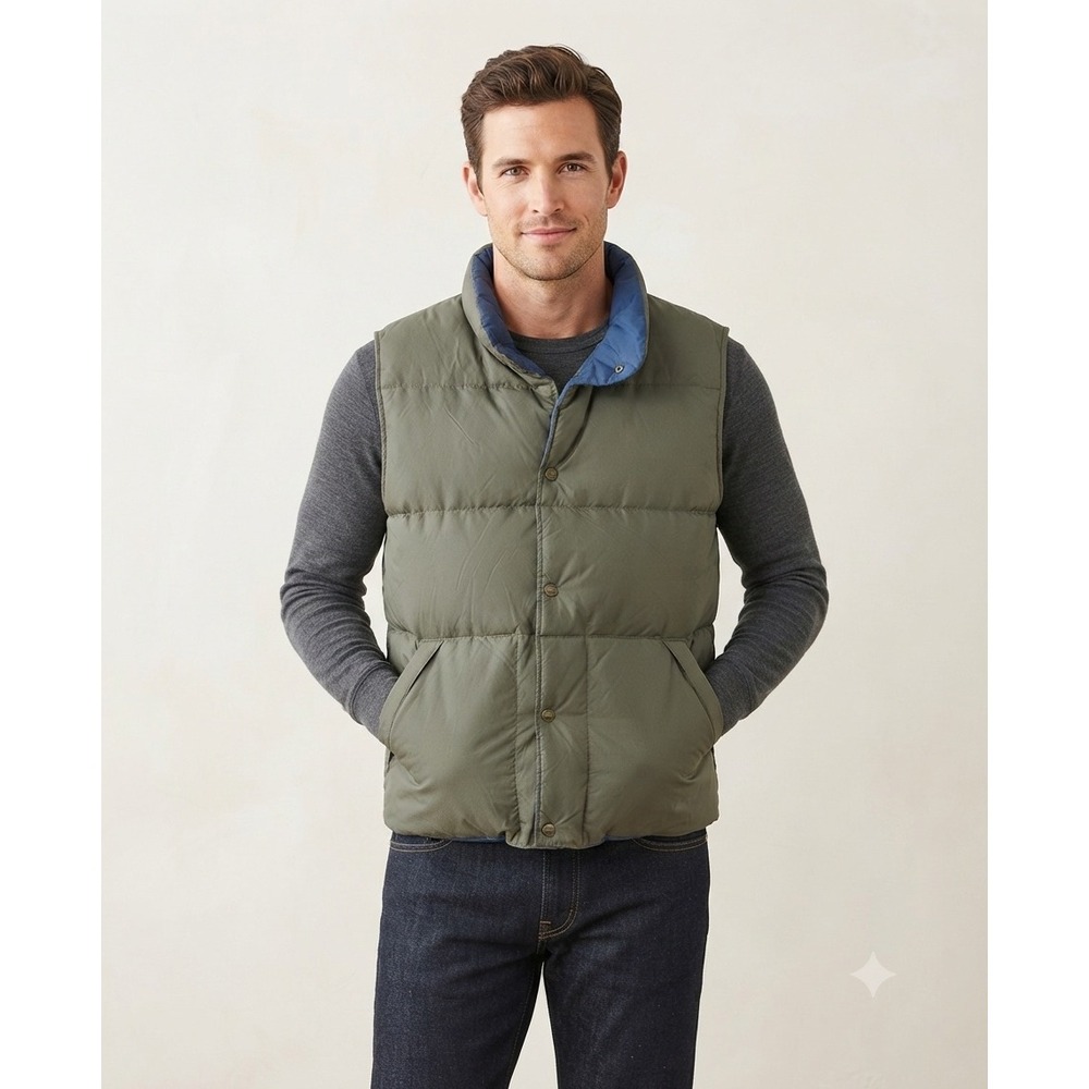L.L. Bean Puffer Vest Mens Large Tall Olive Green Goose Down Quilted Snap Front